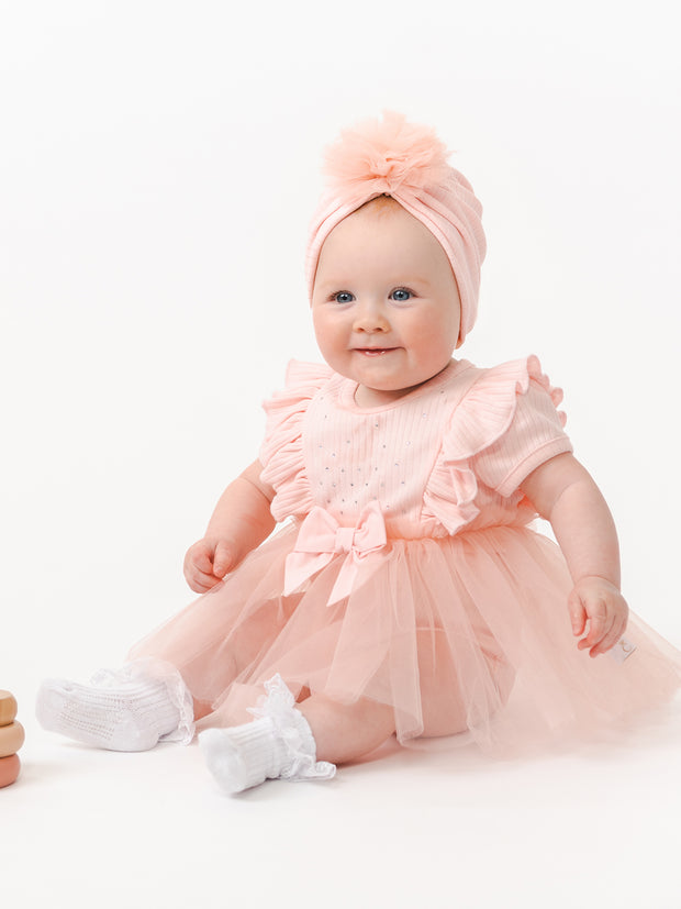 Caramelo Baby Girl Pink Ribbed Tulle Dress & Turban Set