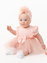 Caramelo Baby Girl Pink Ribbed Tulle Dress & Turban Set