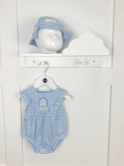 Baby Girl Blue and White Stripe Romper with Sun Hat