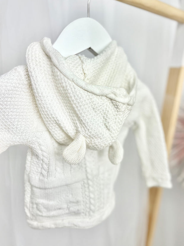 White Knitted Hooded Cardigan