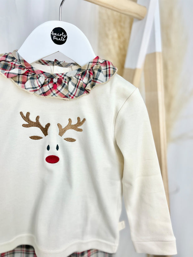 Baby Gi Frilly Cream & Tartan Reindeer Pyjama Set