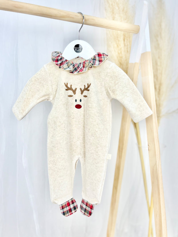 Baby Gi Frilly Cream & Tartan Reindeer Babygrow
