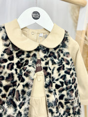 Beige 3-Piece Leopard  Print Gilet Outfit Set