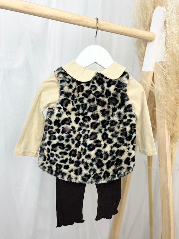 Beige 3-Piece Leopard  Print Gilet Outfit Set