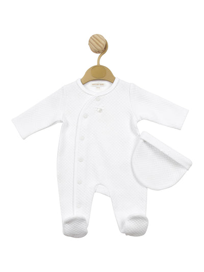 White Quilted Premmie Babygrow & Hat Set