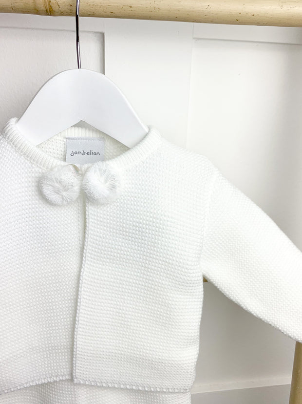 White Knitted Pom Pom Jacket and Trousers Set