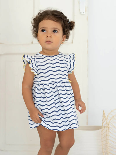 Tutto Piccolo Baby Girl White and Navy Pattern Dress