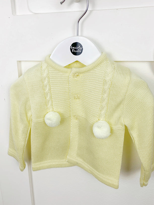 Yellow Knitted Button-Up Pom Pom Cardigan