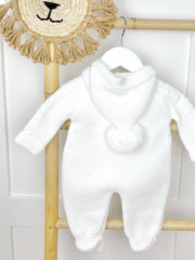 Unisex White Knitted Pramsuit with Pom Pom Hood