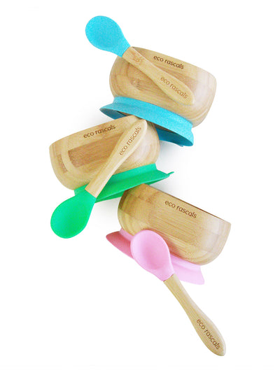 Bamboo Suction Bowl & Spoon Set - 6 Colours