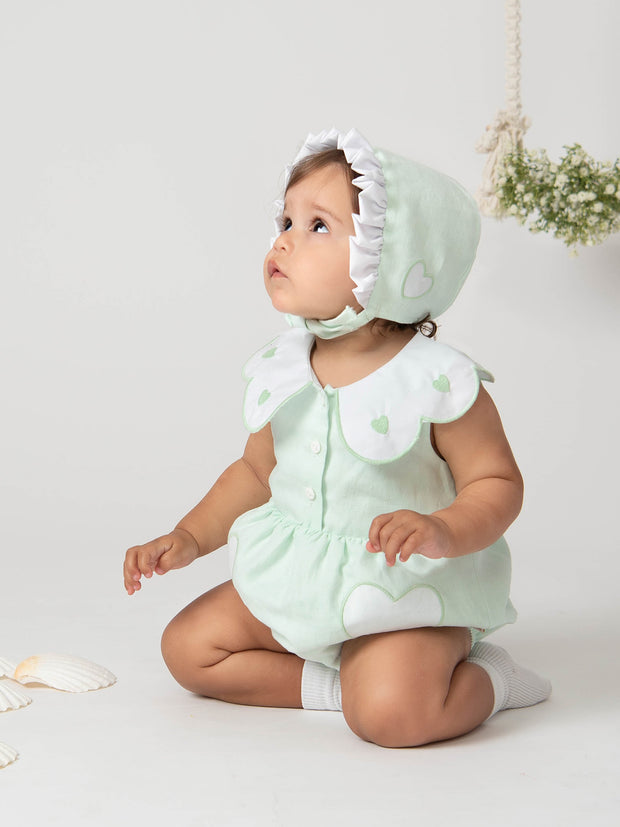 Caramelo Baby Girl Mint Scallop Heart Romper with Bonnet