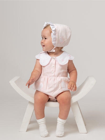 Caramelo Baby Girl Pink Scallop Heart Romper with Bonnet