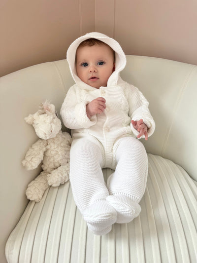 Unisex White Knitted Pramsuit with Pom Pom Hood (NB-6M)