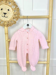 Pink Knitted Pramsuit with Pom Pom Hood