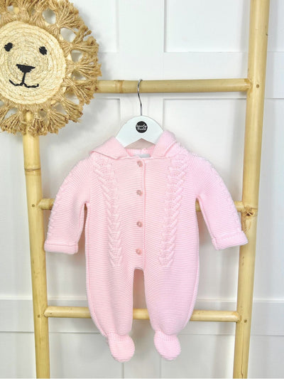 Pink Knitted Pramsuit with Pom Pom Hood