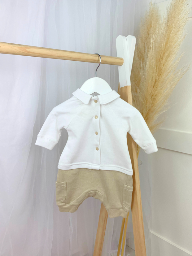 Mintini Baby Boy White & Beige Romper