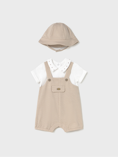 Mayoral Baby Boy Brown Dungaree Romper & Sun Hat