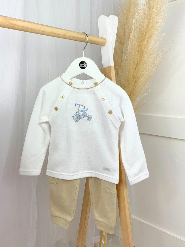 Mintini Baby Boy Bike Embroidered White & Beige Outfit Set