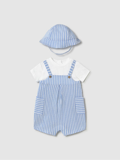 Mayoral Baby Boy Blue Striped Dungaree With Sun Hat