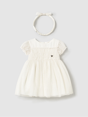 Mayoral Toddler Girl Tulle Dress With Headband - Natural