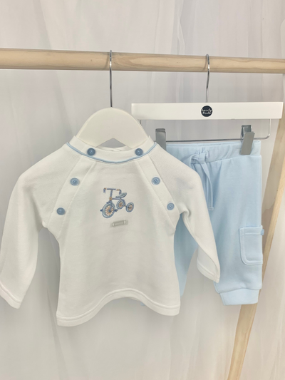 Baby Boy Bike Embroidered White & Blue Outfit Set