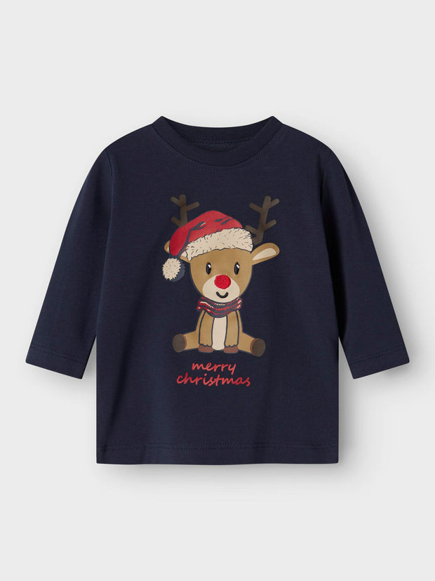 Name It Babys Navy Reindeer Top (0M-18M)