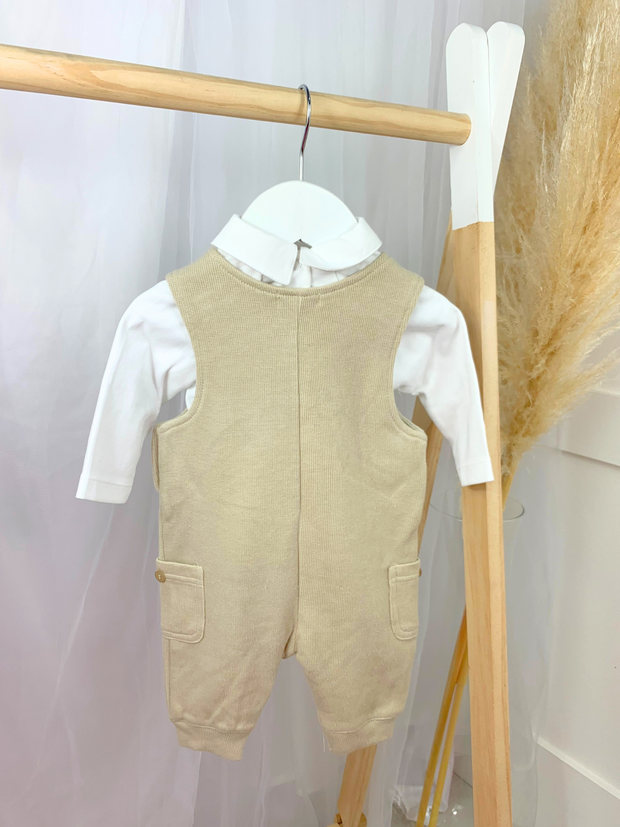 Mintini Baby Boy White & Beige Dungaree Outfit Set