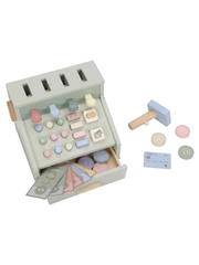 Little Dutch Wooden Cash Register Toy for Kids with pastel colored buttons, money pieces, and a toy card.