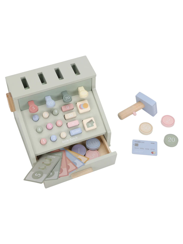 Little Dutch Wooden Cash Register Toy for Kids with pastel colored buttons, money pieces, and a toy card.