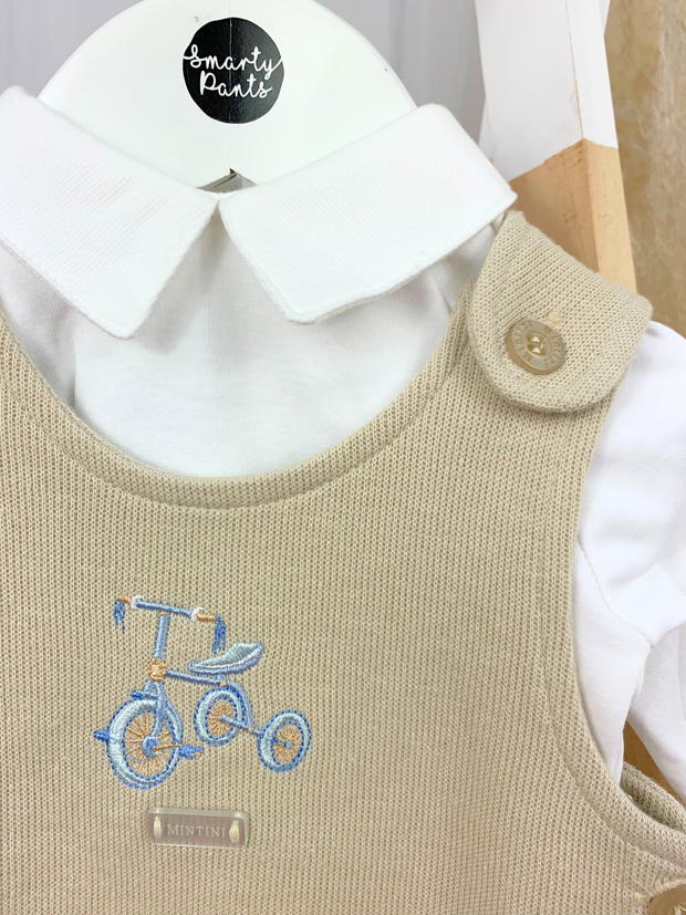 Mintini Baby Boy White & Beige Dungaree Outfit Set