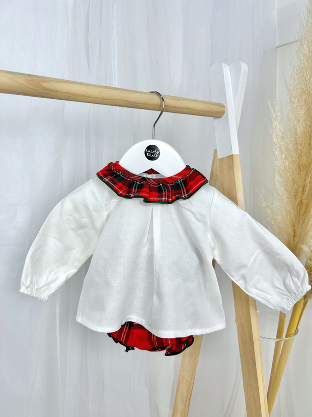 Calamaro Festive White Top & Tartan Bloomers