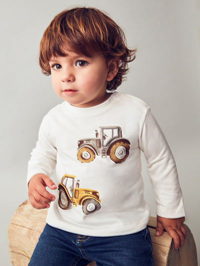 Mayoral Toddler Boy White Tractor Long Sleeve Top (12M-4Y)