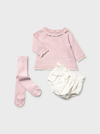 Mayoral Baby Girl Pink & White Bloomer Outfit Set With Tights (1M-12M)