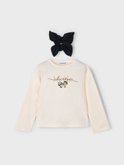 Mayoral Junior Girl Cream Bow Top & Matching Scrunchie (3Y-8Y)