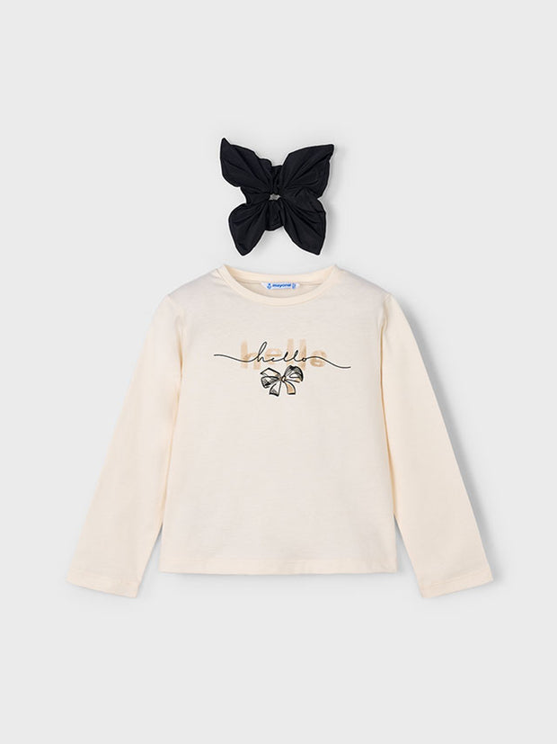 Mayoral Junior Girl Cream Bow Top & Matching Scrunchie (3Y-8Y)