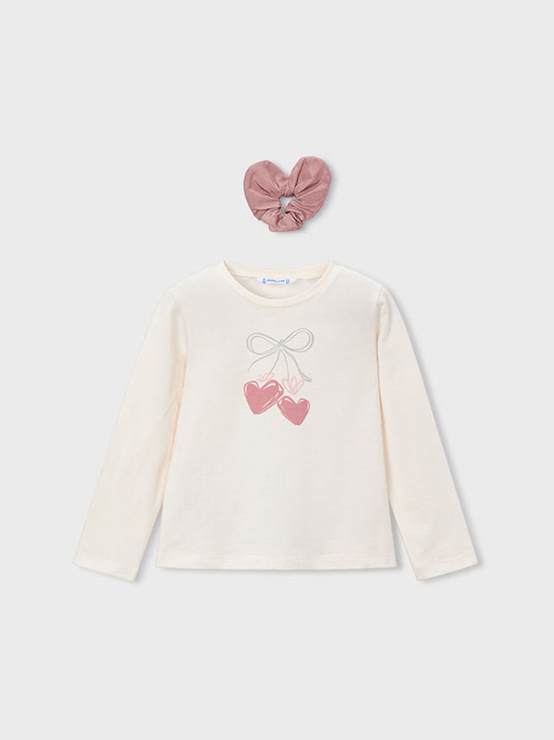 Mayoral Junior Girl Cream Heart Top & Matching Scrunchie (3Y-8Y)