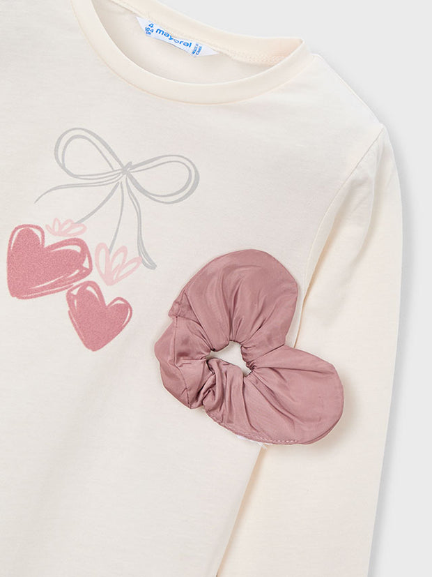 Mayoral Junior Girl Cream Heart Top & Matching Scrunchie (3Y-8Y)