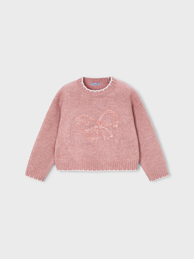 Mayoral Junior Girl Pink & Cream Bow Jumper (3Y-8Y)