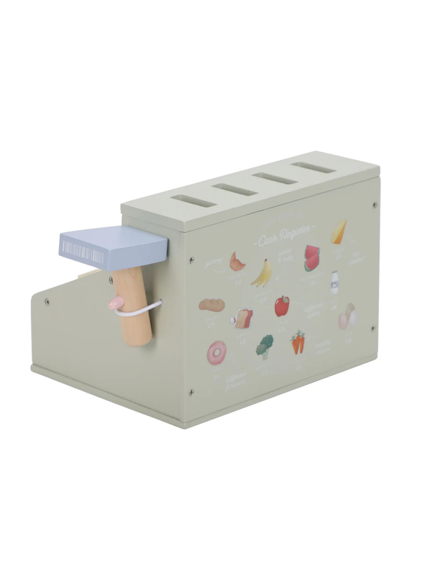 Little Dutch Wooden Cash Register Toy for Kids with pastel colors and realistic details for pretend play.