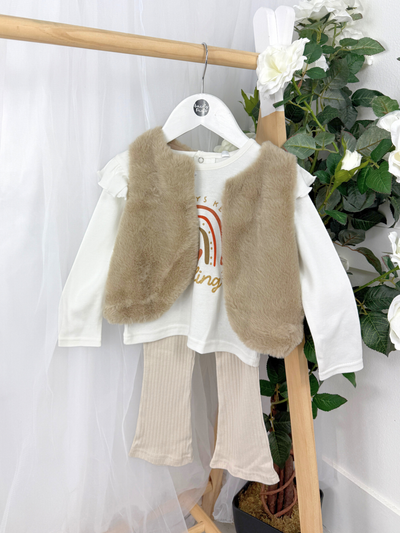 Girls 'Always Smiling' Beige 3 Piece Gilet Outfit Set (12M-5Y)