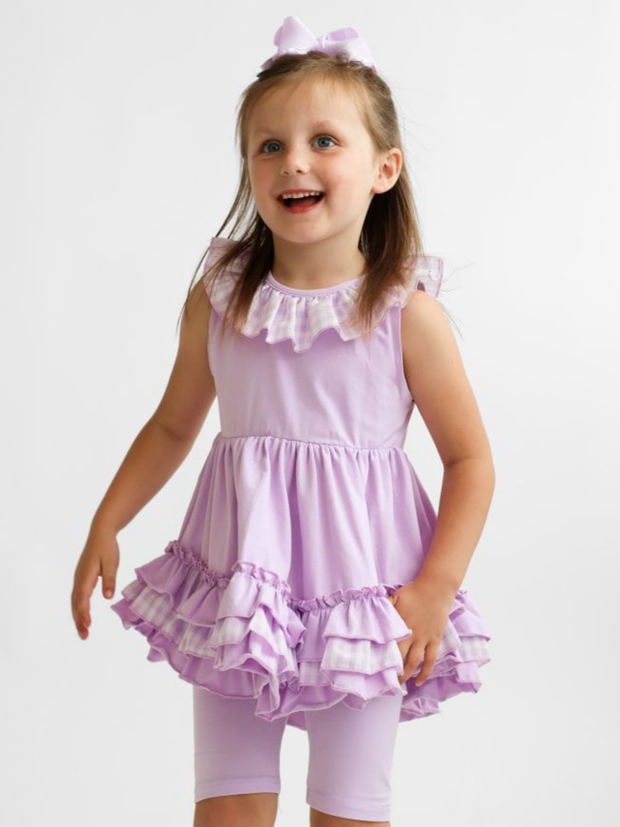 Girls 'Remi' Gingham Frilly Short Set - Lilac