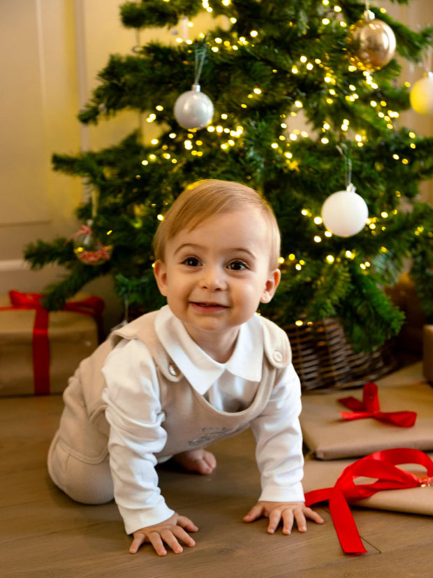 Mintini Baby Boy White & Beige Dungaree Outfit Set