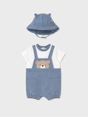 Mayoral Baby Boy Blue Teddy Dungaree Romper With Sun Hat