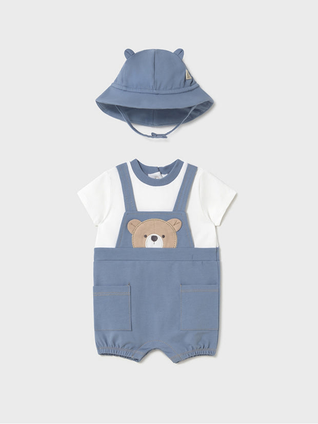 Mayoral Baby Boy Blue Teddy Dungaree Romper With Sun Hat