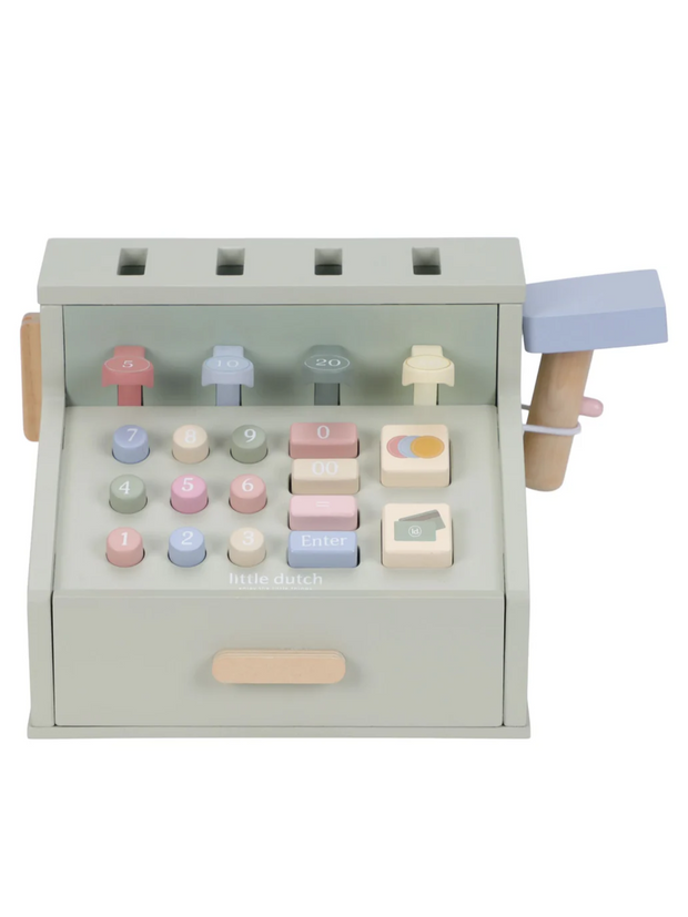Little Dutch Wooden Cash Register Toy for Kids featuring pastel colors and realistic buttons for pretend play.