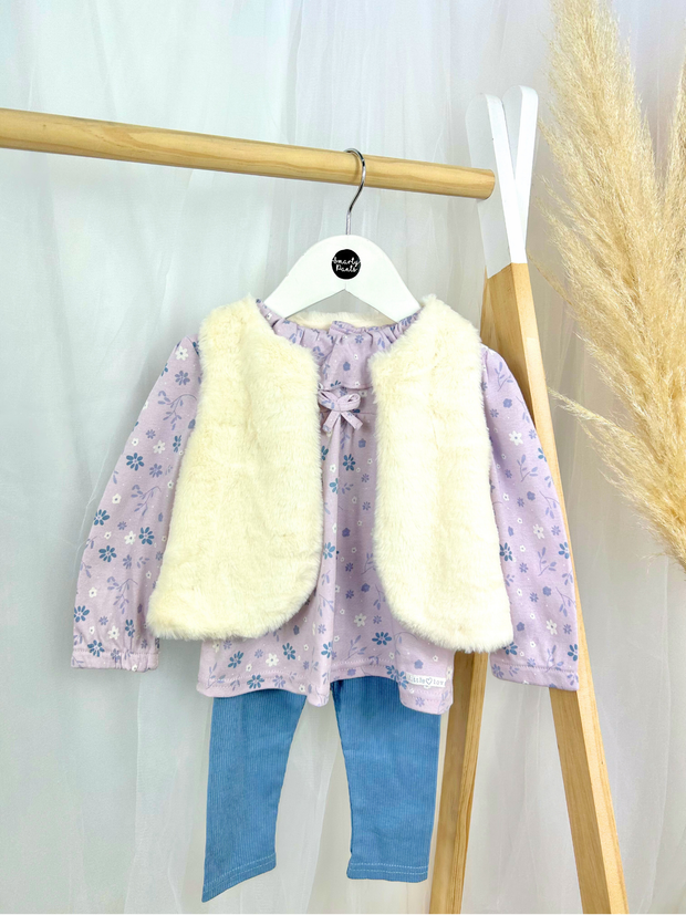 Toddler Girl Purple & Cream 3 Piece Gilet Outfit Set