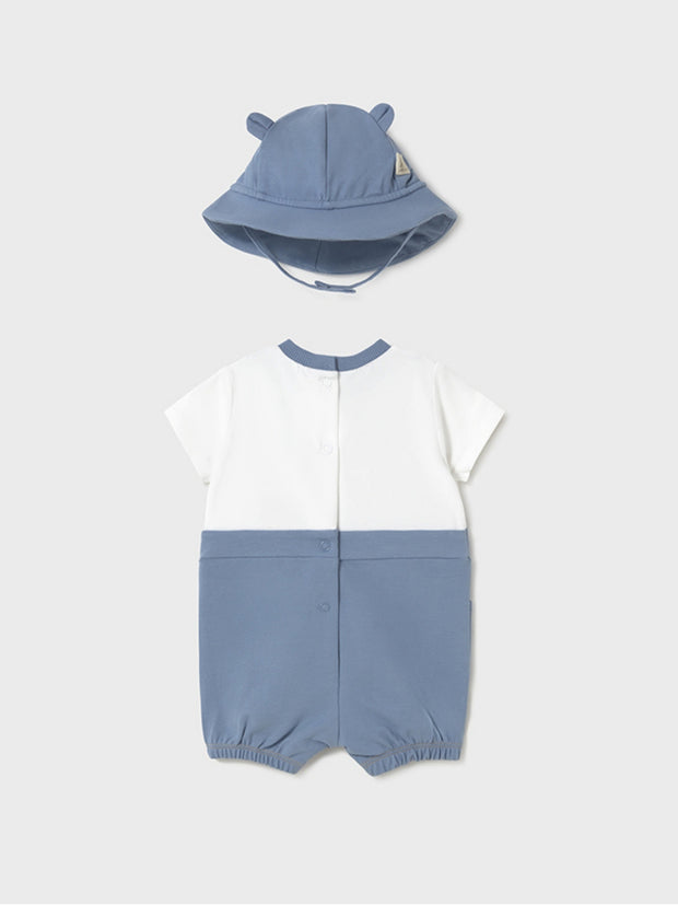 Mayoral Baby Boy Blue Teddy Dungaree Romper With Sun Hat