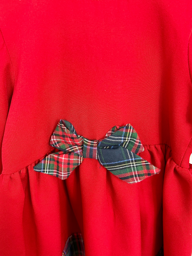 Girls Red Dress With Tartan Bow