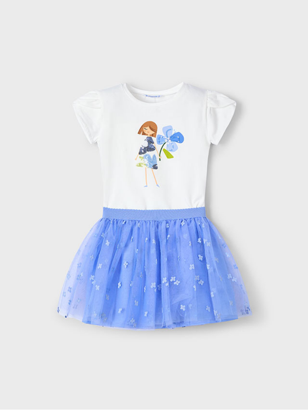 Mayoral Junior Girl Blue Floral Tulle Skirt Set