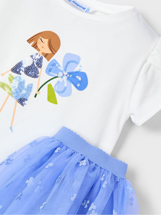 Mayoral Junior Girl Blue Floral Tulle Skirt Set